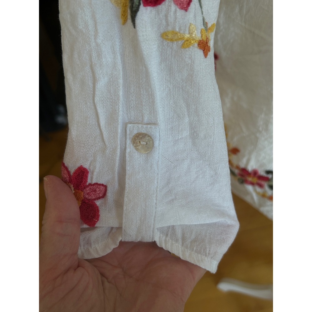 Floral Embroidered Bold Cottagecore Boho Shell Buttons M Mandarin Collar Top - Picture 6 of 12